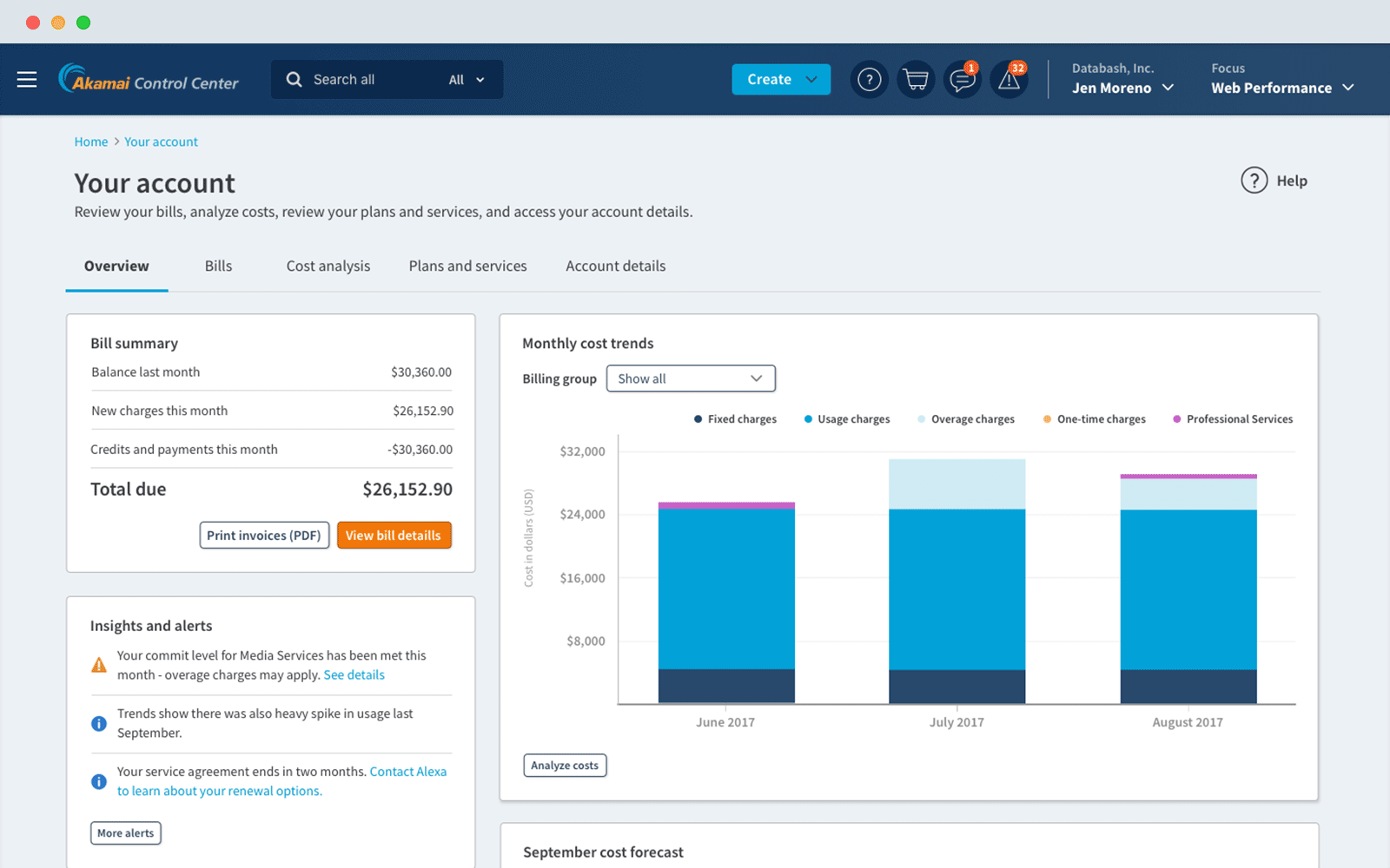 Screenshot new billing center overview page, shown at Akamai's annual EDGE conference.