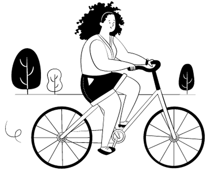 Illustration of a person riding a bicycle with a cityscape in the background.