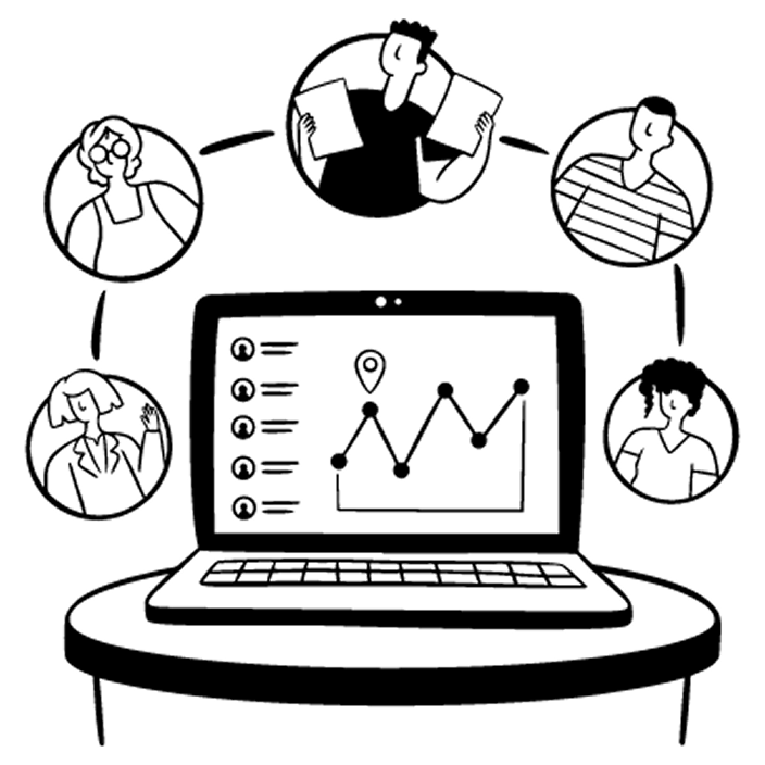 Illustration of a computer showing a dashboard with circles of different people floatinng all around it.