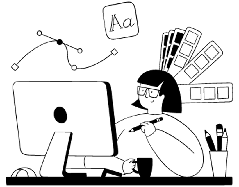 Illustraton of a designer, sitting in front of a computer with a cup of coffee in hand. A bezier curve, color swatches, and a font face float around her.