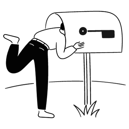 Illustration of a person with their head in their mailbox and a leg raised, looking to see if she receieved any new mail.