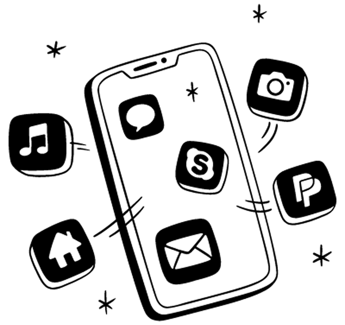 Illustraton a mobile phone with various app icons floating on and around it.