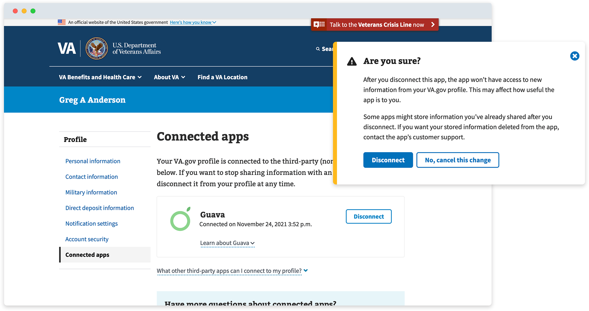 Screenshot of VA.gov profile showing screens of a user disconnecting a connected app.