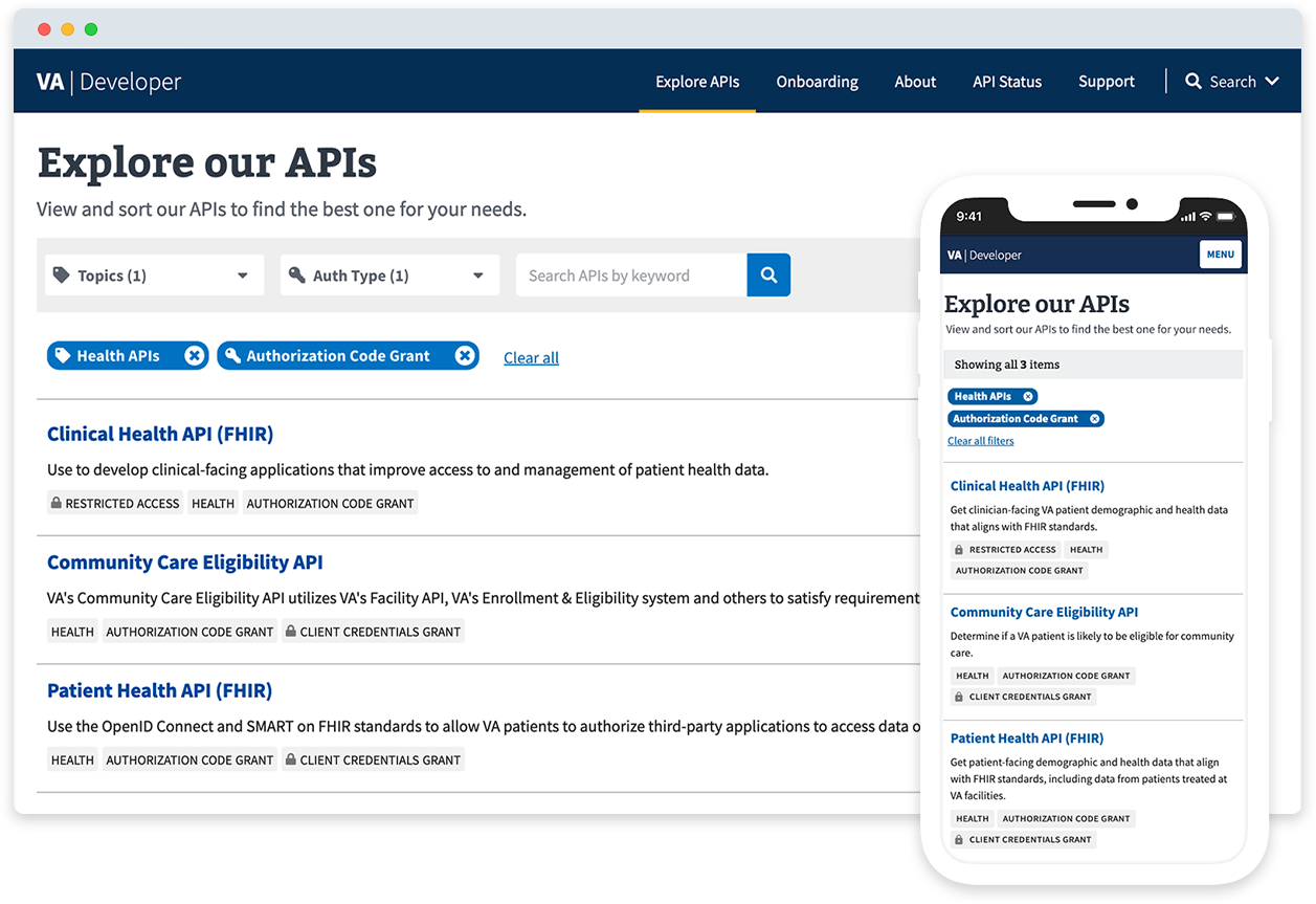 Screenshots of Explore Our APIs page on desktop and mobile.