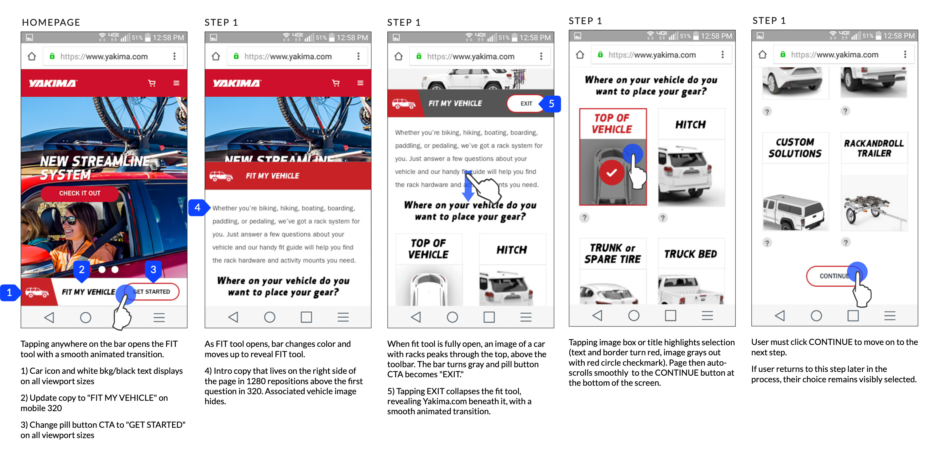 Screenshot of interaction design files for Yakima's Fit My Vehicle tool.